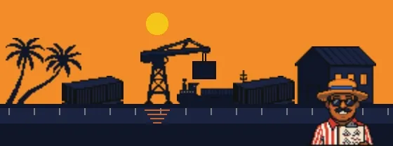 The port of Meraydin at sunset: palms, a crane lowering a container into a freighter, a warehouse, and the Broker waiting on the dock