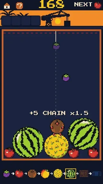 A game in progress: fruit dropping into the hold and merging